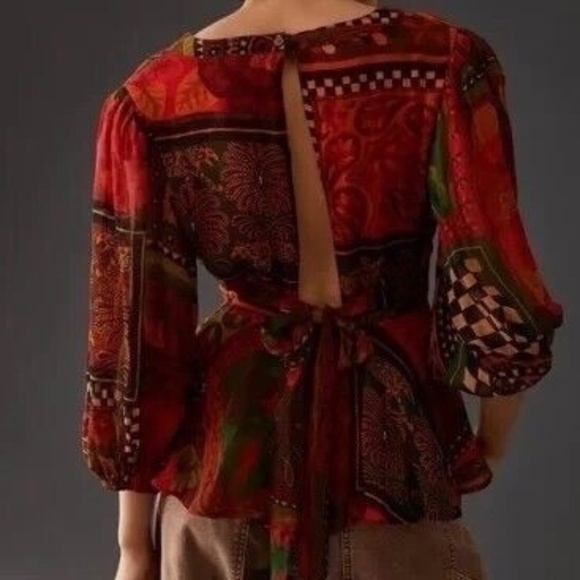 NWT Farm Rio x Anthropologie Lined Blouse Size M Red V Neck Tie Beaded Tassels - Picture 3 of 12